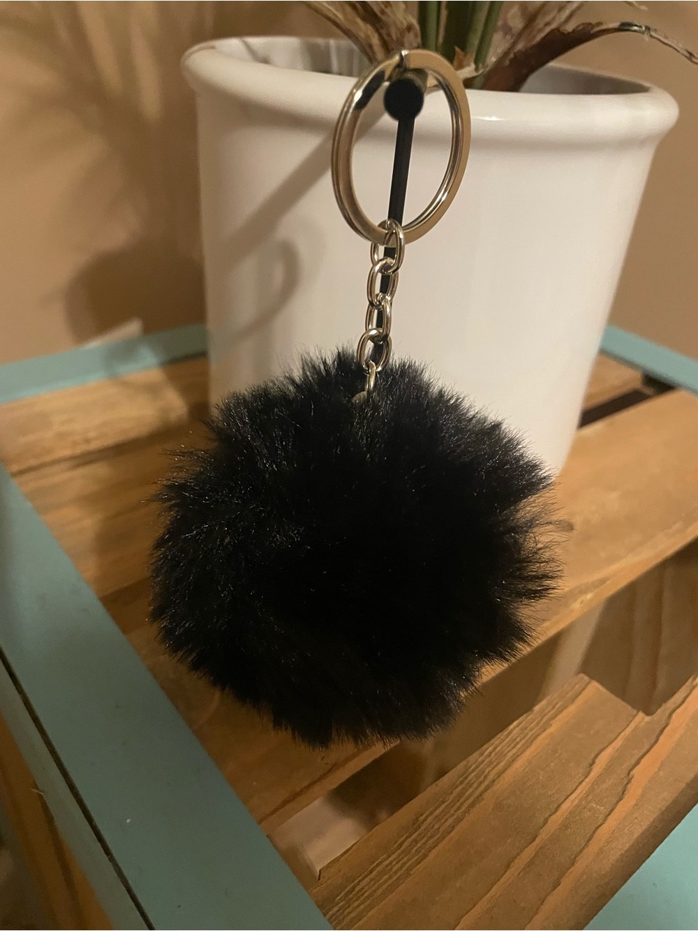 Black Faux Fur Pom Keychain/Bagcharm. With Silver Hardware